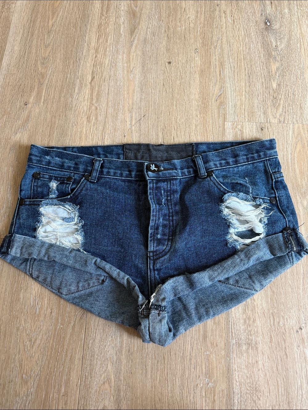 One Teaspoon Dark Blue Distressed Denim Jean Shorts